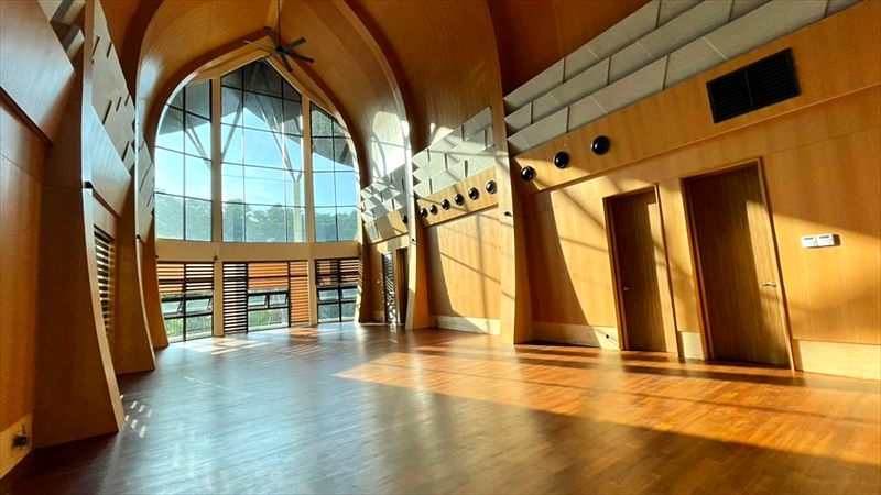 Installed tropical hardwood flooring in a large interior